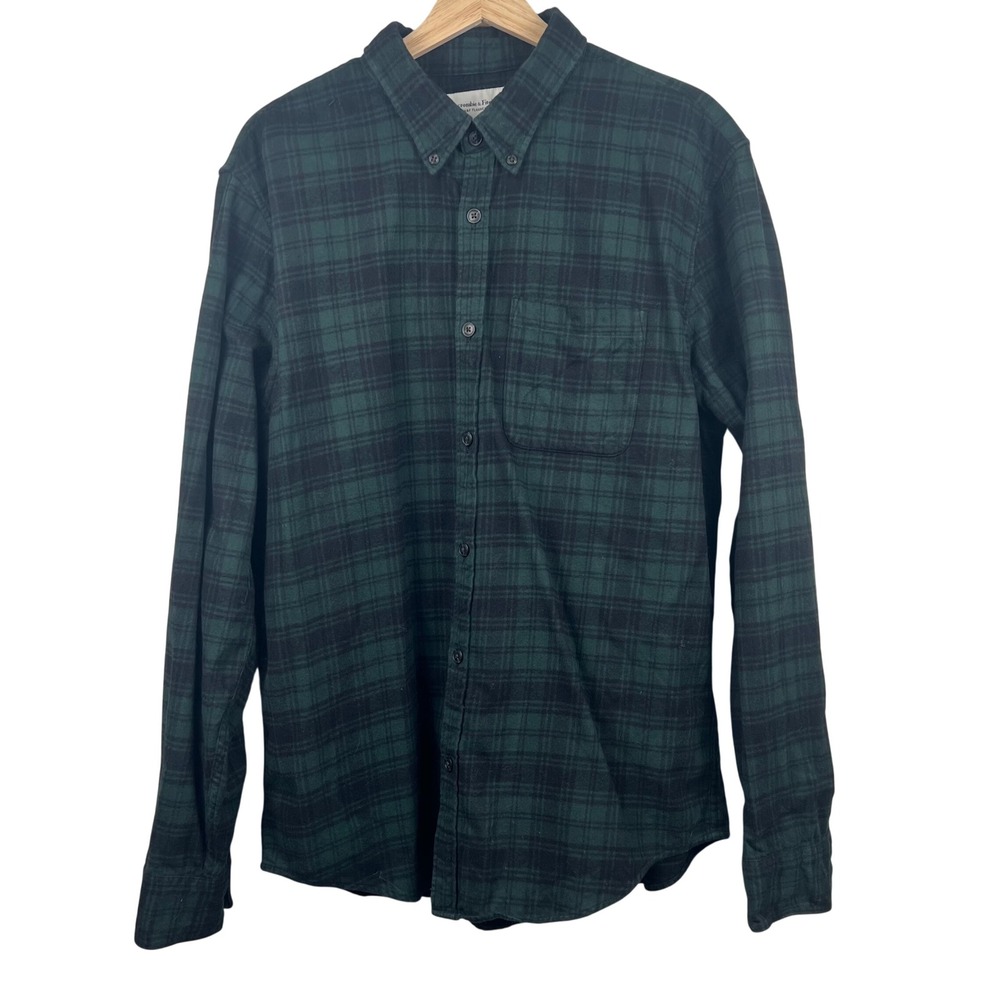 Abercrombie Fitch Mens Flannel Plaid Button Shirt XL Green Black Long Sleeve